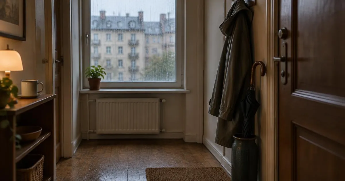 Egy régi lakás előszobája esős napon: esőkabát a fogason és esernyő a bejárati ajtó mellett, az ablakon folyik az eső