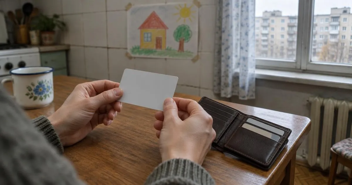 Egy szülő bankkártyát tart a kezében egy nyitott pénztárca mellett egy panellakás konyhaasztalánál, mögötte a falon egy gyerekrajz egy házról