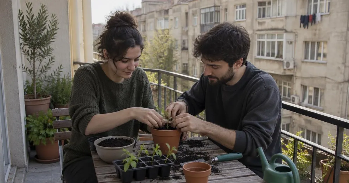 Fiatal pár együtt ültet palántákat cserépbe egy régi társasház erkélyén, egy asztalnál